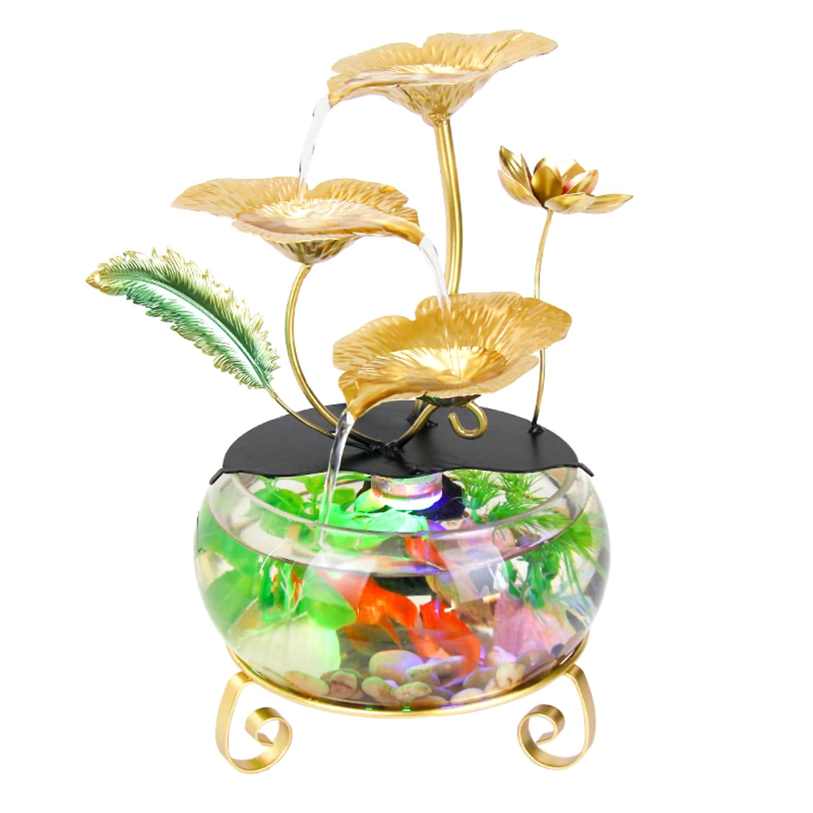 Fontaine à eau en forme de fleur de lotus dorée avec lumières LED et aquarium, décoration de table élégante pour la maison et le bureau, cascade intérieure relaxante pour ambiance de bureau