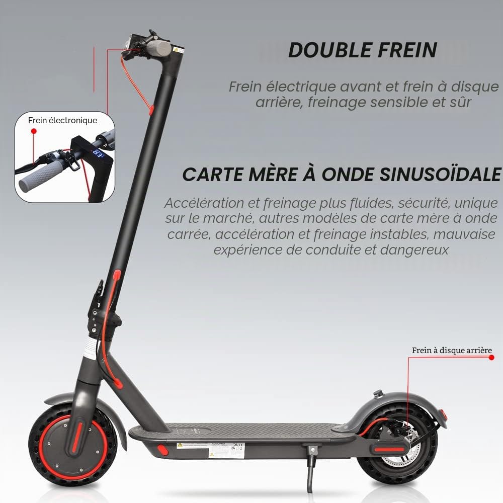 Trottinette électrique de 8,5 pouces avec application, moteur puissant, 7,5 Ah à 30 km de distance, scooter électrique pliable pour adultes Noir