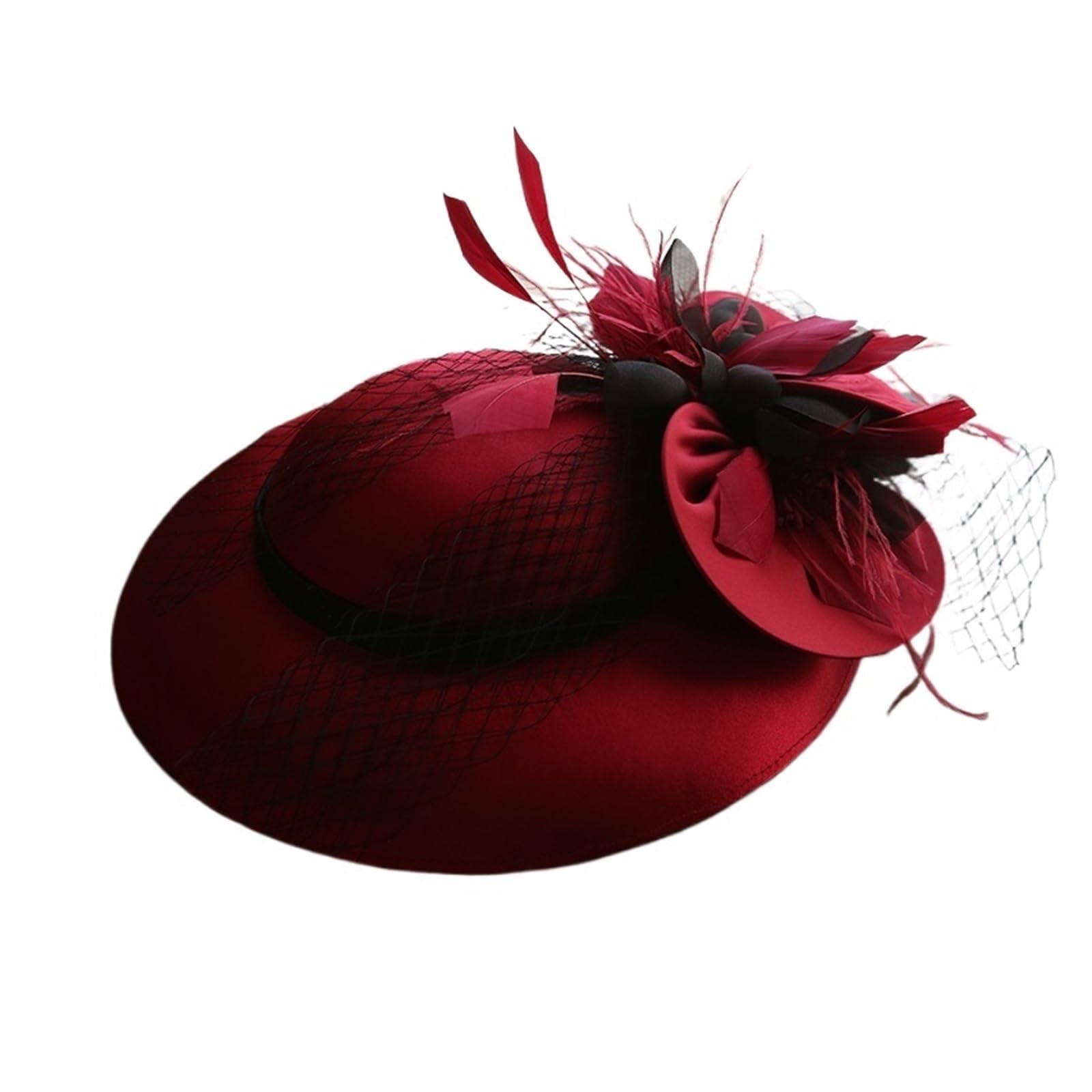 HEUchuan Elegant Women Large Brim Flower Fascinator Hat Cocktail Wedding Party Headpiece Headwear Hair Accessories(Wine red)