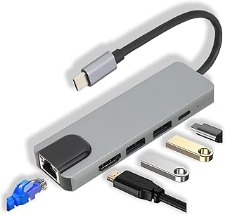 USB Hub with Ethernet, 5 in 1 USB C Hub Multiport Adapter with 4K HDMI, RJ45 Ethernet, USB 3.0 and USB 2.0, 100W PD Compatible with MacBook Pro Air Chromebook XPS and USB C Devices
