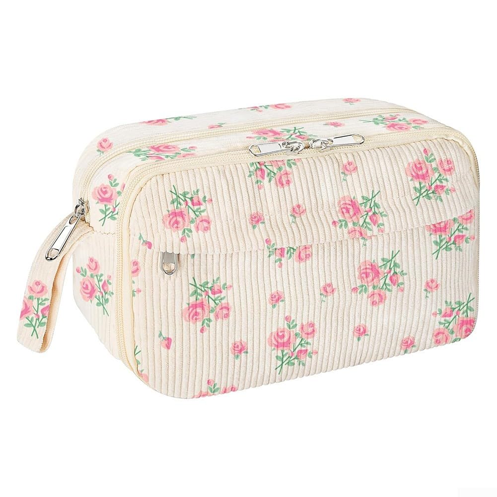 Corduroy Pencil Case Large Zippered Pouch for Teen Girls School Supplies, White Pen Holder as Makeup Cosmetic Bag and Art Project Storage(Pink Flowers)
