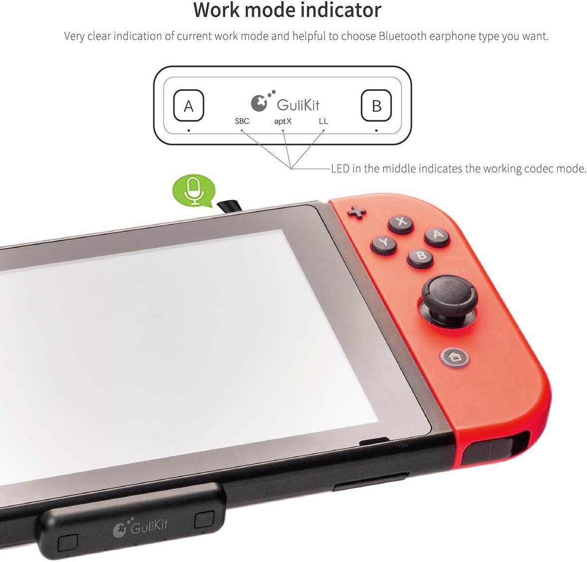 GuliKit NS07PRO adapter on a Nintendo Switch, showing the work mode indicator LEDs.