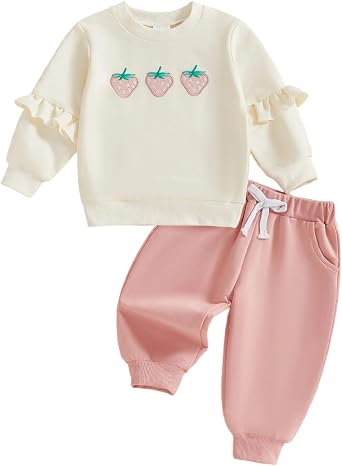 Toddler Baby Girls Fall 2Pcs Outfits Strawberry Print Long Sleeve Jumper Sweatshirt Tops Solid Color Elastic Long Pants Clothes Set