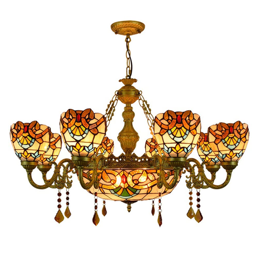 FYZDLAOR 8+1-Light Chandelier,with Baroque Style Lampshade Pendant Light Light Fixtures,Tiffanystyle Stained Glass Hanging Light Wide 36 Inch with Crystal Pendant