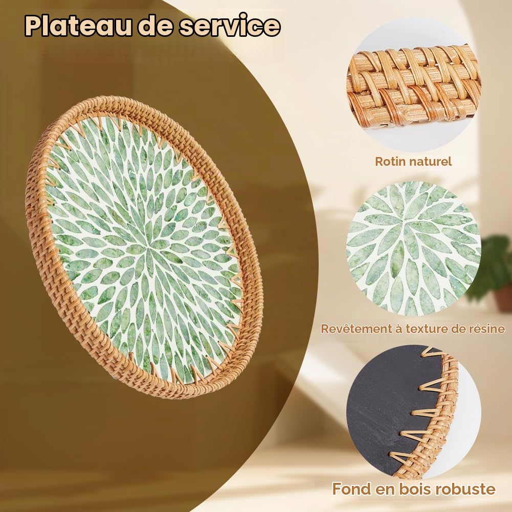 CREATCABIN Plateau Rond Rotin Plateau Service Rotin Tressé Base Bois Panier Tissé Main Panier Décoratif Osier Organisateur pour Décoration Table Rangement Affichage Déjeuner Vert 30x30x2.8cm