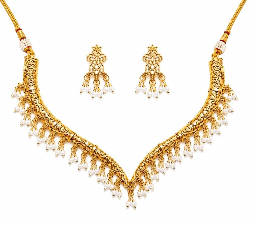 Women's Golden Finish Necklace With White Pearl Hanging Design And Earrings Set-image-32