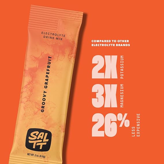 SALTT Electrolyte Powder Packets - Sugar Free Groovy Grapefruit (30 Sticks) - High Sodium Hydration Drink Mix for Keto, Fasting & Muscle Cramps - Clean Minerals, No Junk Fillers
