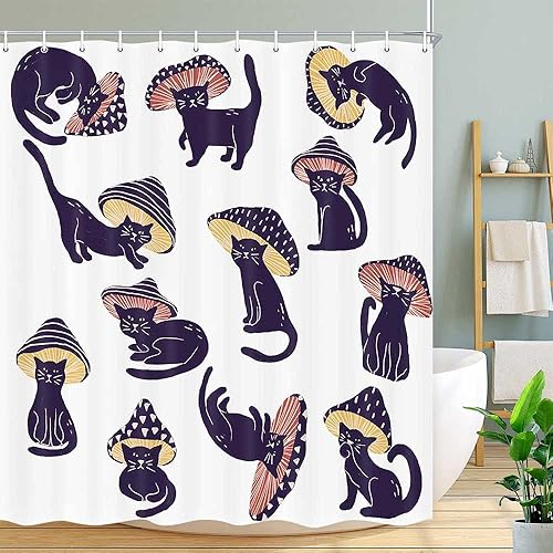 Miniatura 3 de MERCHR Divertida cortina de ducha con diseño de hongo y gato para baño, juego único y divertido de cortinas de ducha de tela de arte divertido y