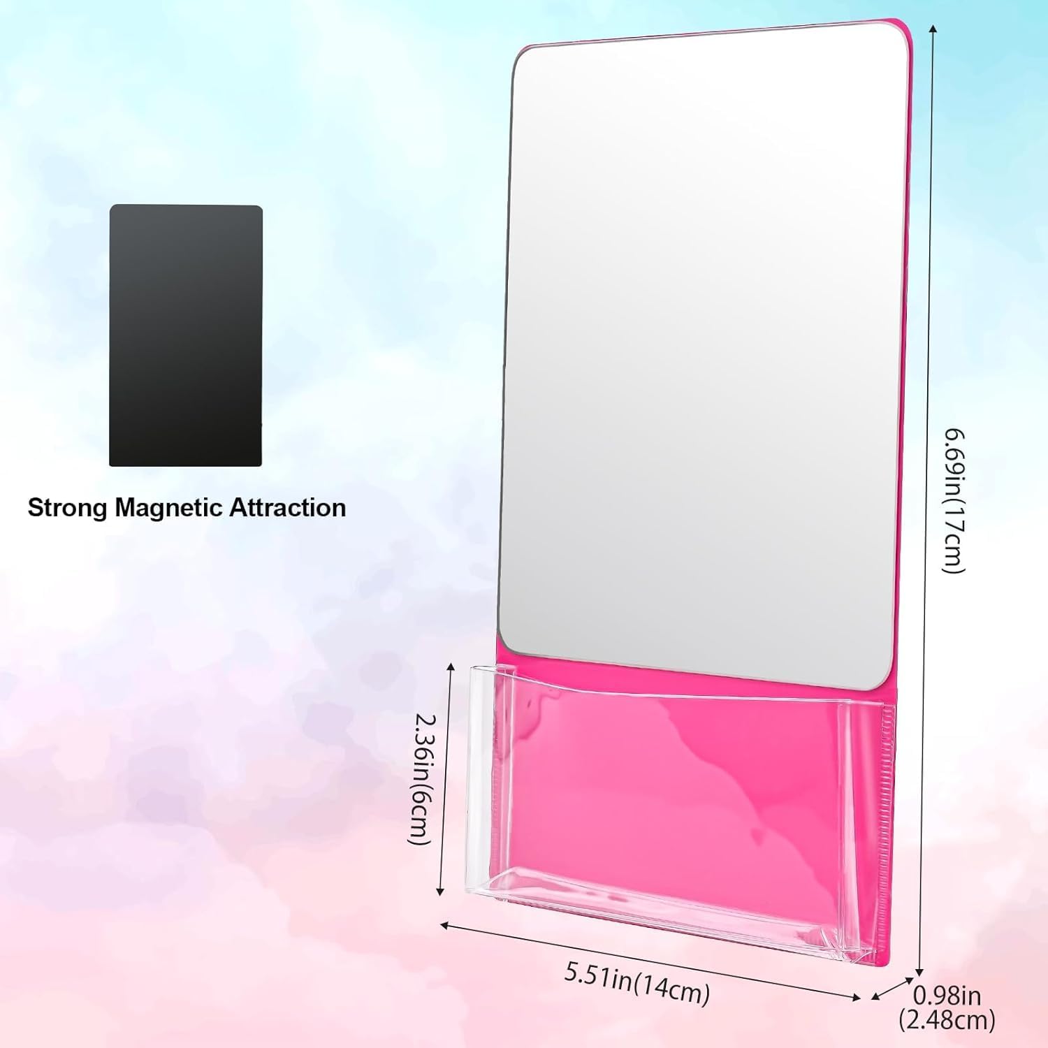 Magnetic Locker Mirror with Storage Bag, 6.7x5.5 Inch Real Glass Mirror, Strong Magnetic Backing, High Definition Reflection, Rounded Safety Edges, Grey and Pink (1, Pink) image 3