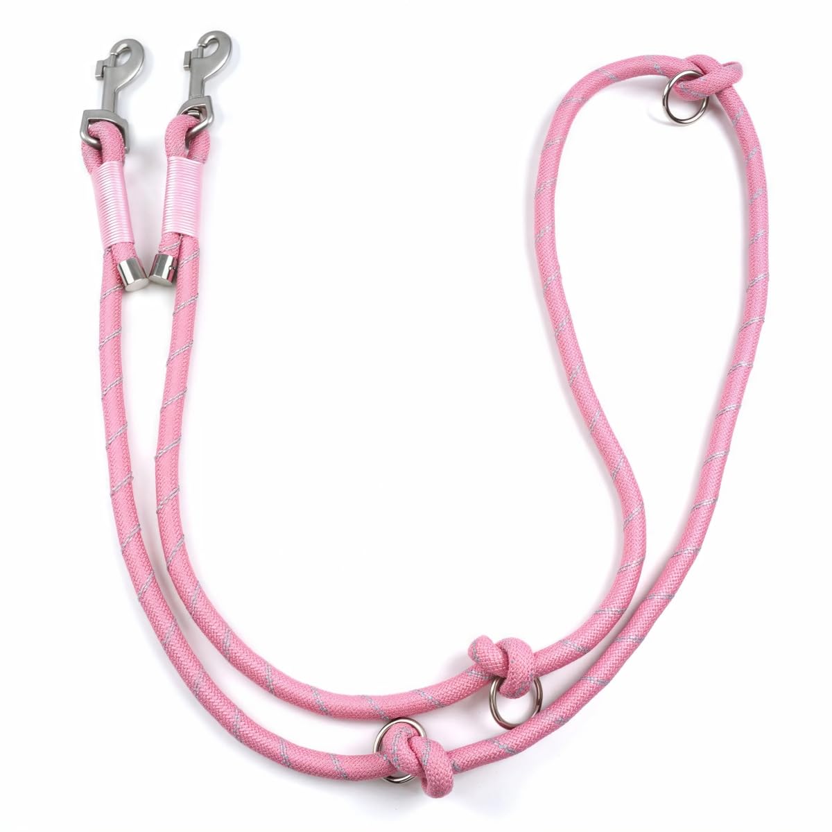 PODAPUCL Double Dog Lead for 2 Dogs, 2m Heavy Duty Rope Leash with Screw-Fixed Metal Caps, No Tangle 360° Swivel & Reflective Nylon for Walking Two Large Medium Dogs, 1.0cm Thick, Pink