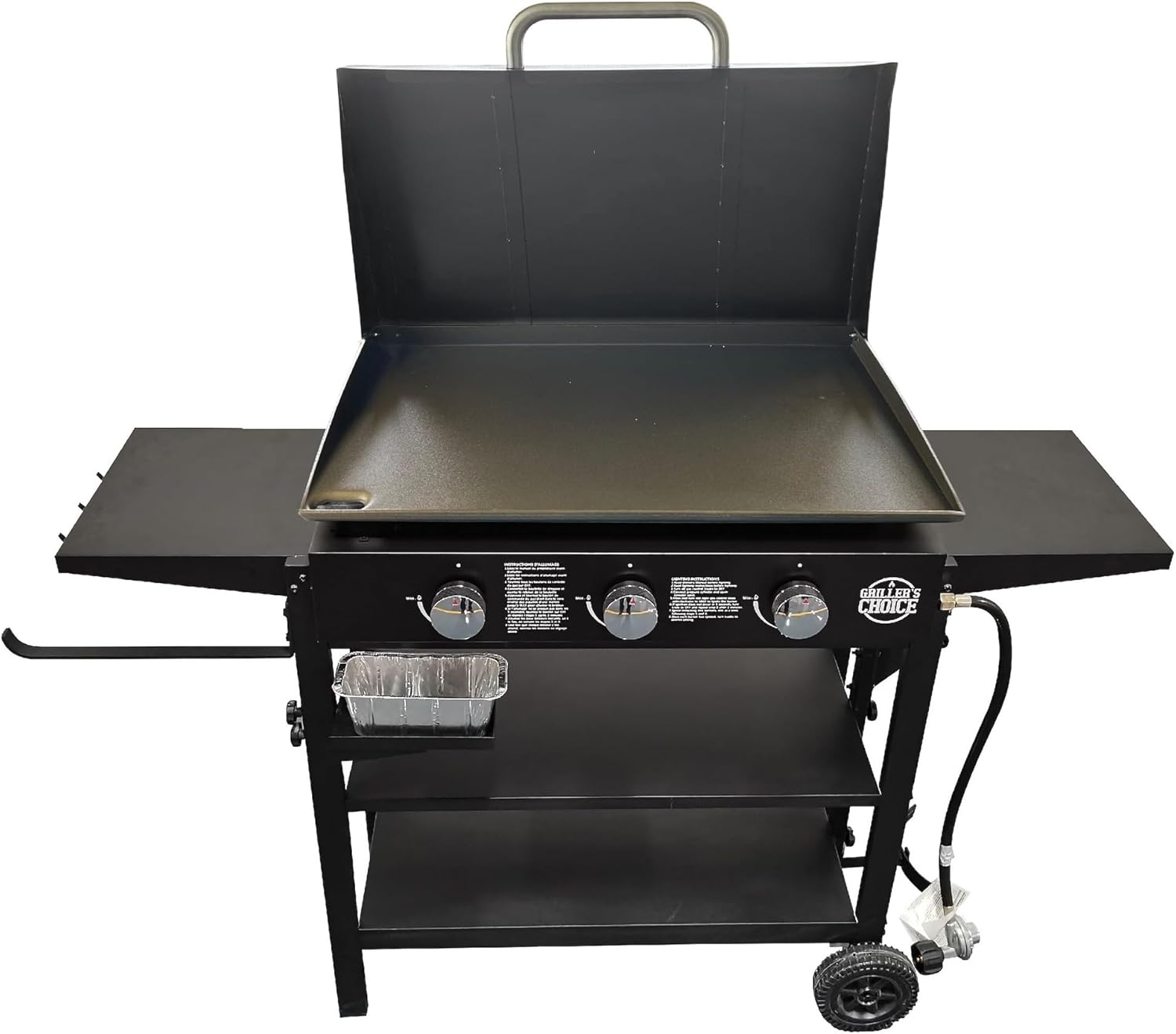 Griller's Choice Gas Griddle with Hinged Hood, Wind Guards, Front Grease Management, 4 Shelves, Propane Griddle for Flattop Grills Outdoor Cooking