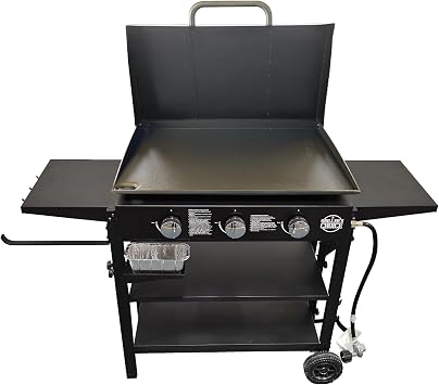 Grillers Choice Gas Griddle with Hinged Hood & Wind Guards, 4 Shelves, Propane Griddle for Flat Grills Outdoor Cooking, Front Grease Management, Steel Flattop Grills Surface, Precision Heat Control
