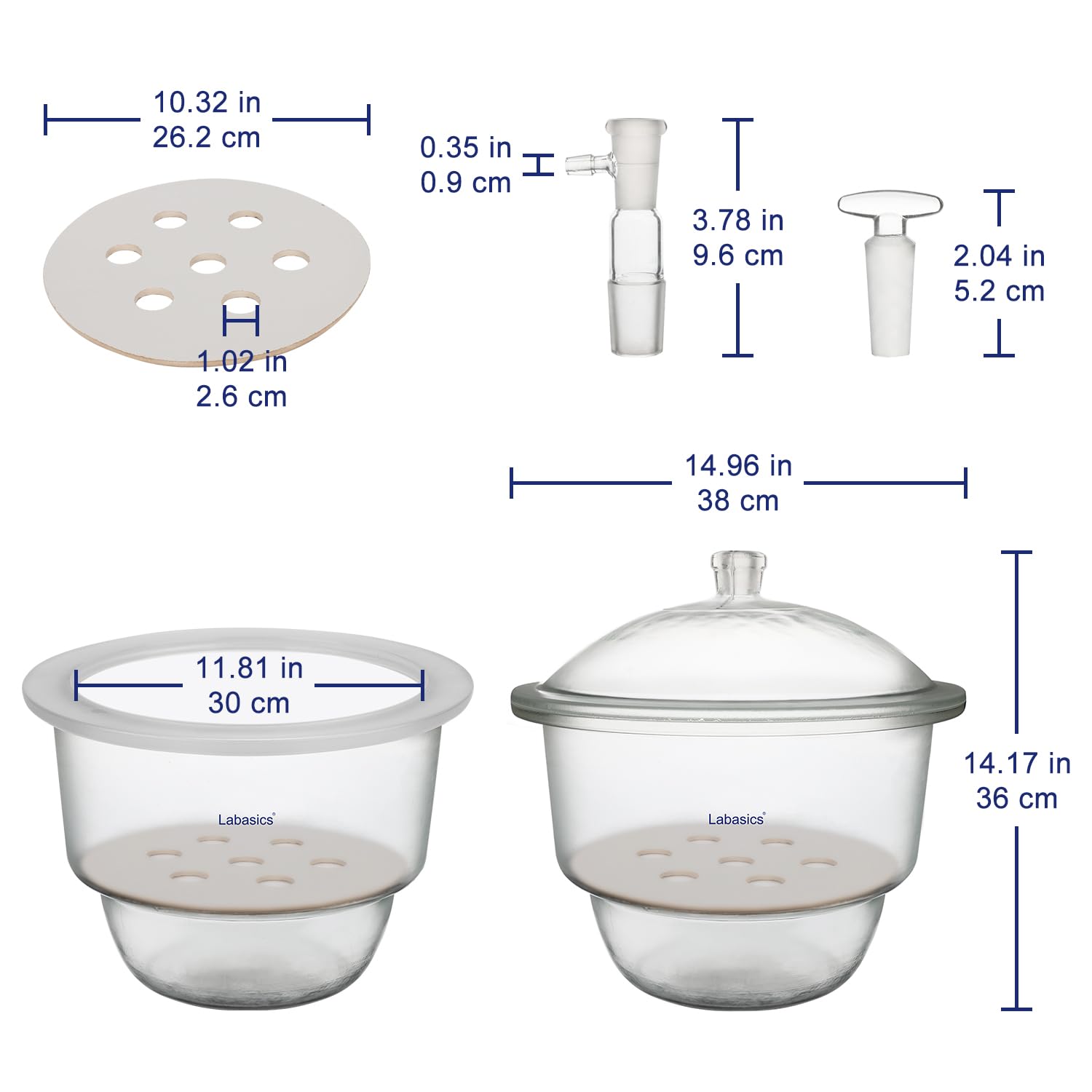 Labasics Desecador de Vacío de Vidrio, Desecador de Vacío de Vidrio con Válvula de Vacío de Vidrio y Placa de Porcelana para Investigación de Laboratorio, 300 mm