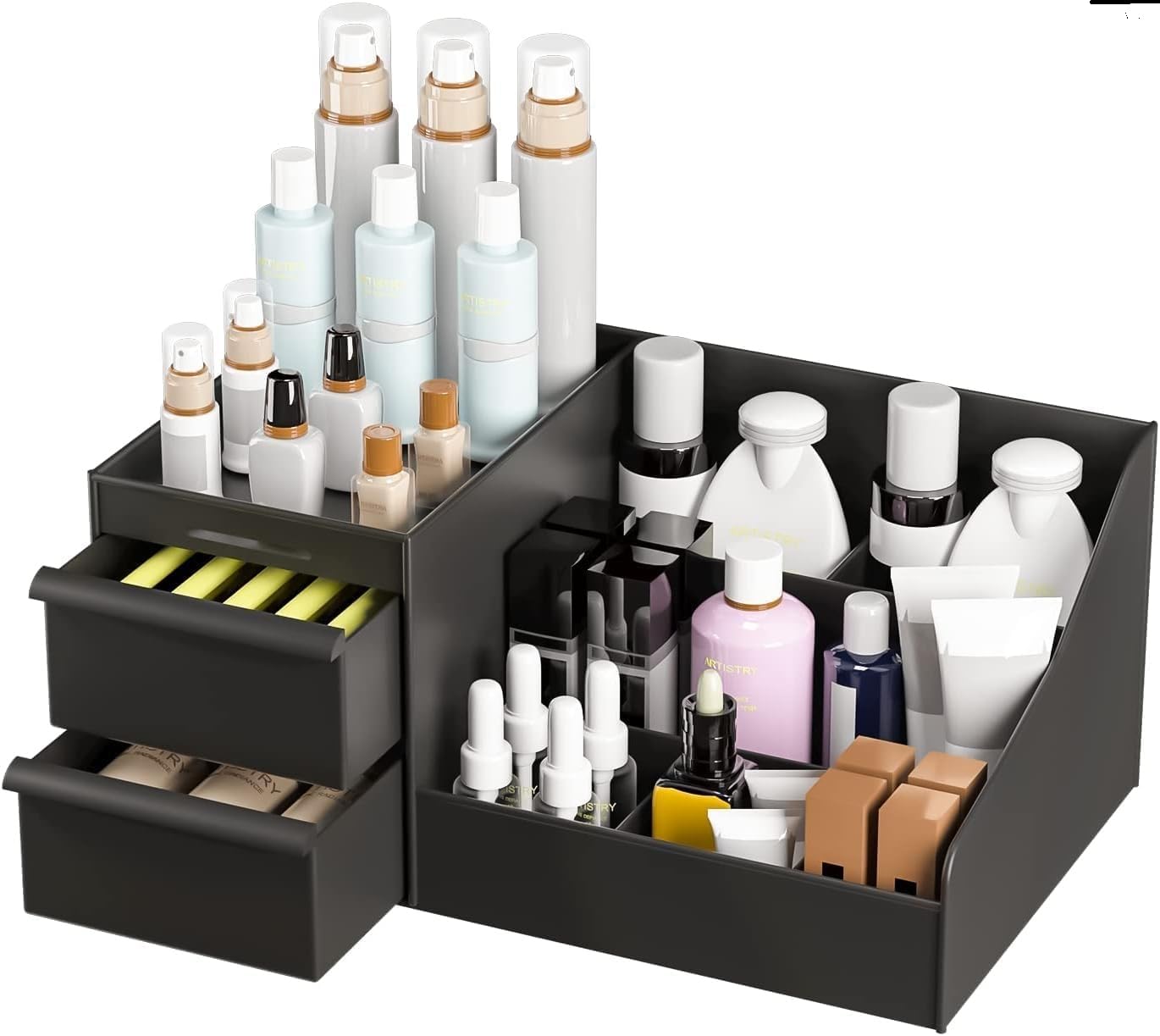 Multi-Tier Cosmetic Organiser with Drawers | Black Vanity Box for Skincare, Makeup, and Jewelry Storage | Durable Plastic Organizer with Multiple Compartments | Black-image-48