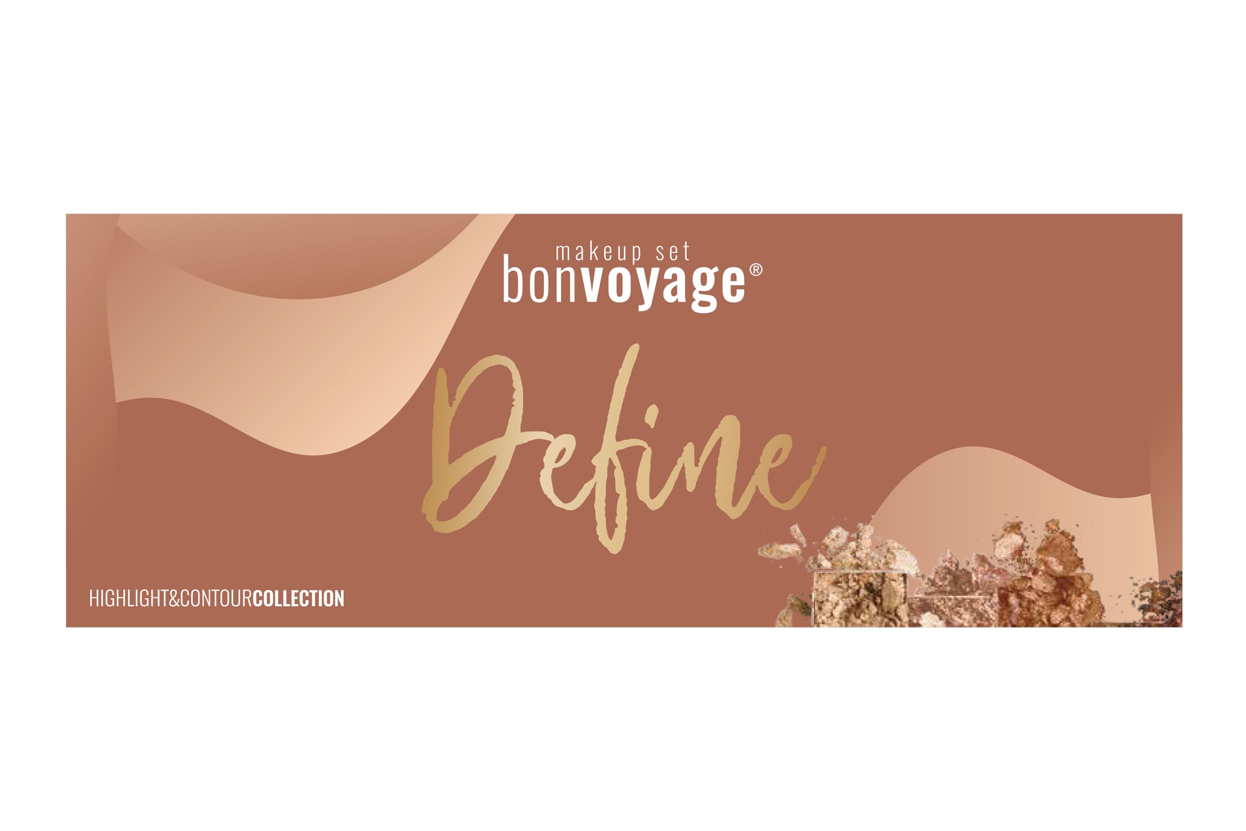 bonvoyage Essentials Define, Paleta Rostro para Contour con Brocha Incluida, Kit de Maquillaje con Iluminador, Bronzer y Contour para Definir y Esculpir, Tonos Mates y Brillantes, Portátil
