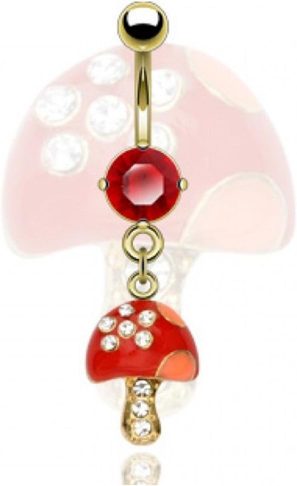 DSJ Stainless Steel/14kt Gold Plated Red CZ Gem Navel Ring with Red Mushroom Dangle Charm