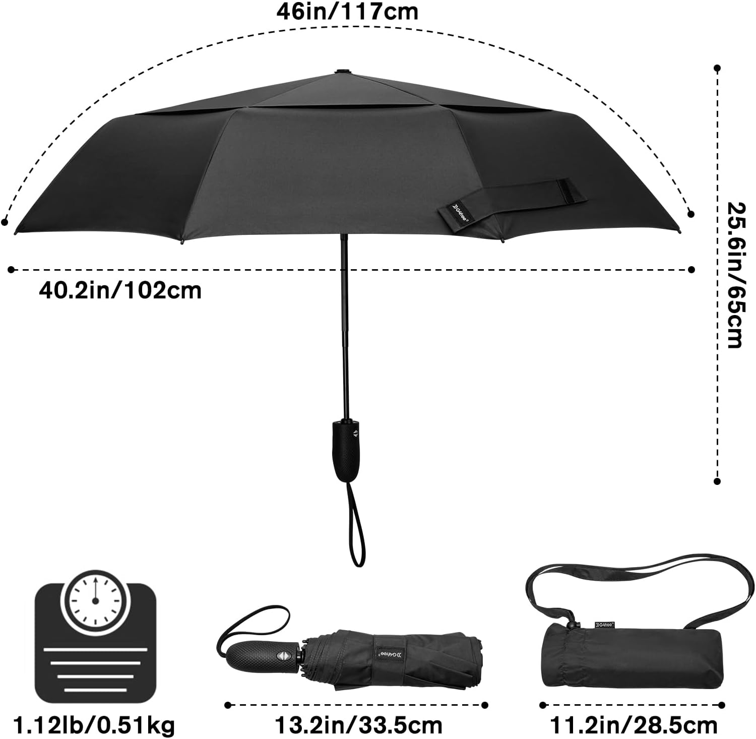 G4Free Windproof Travel Umbrellas for Rain 46inch Double Canopy Automatic Compact Umbrella with Strong Fiberglass Frame and Windproof Cable