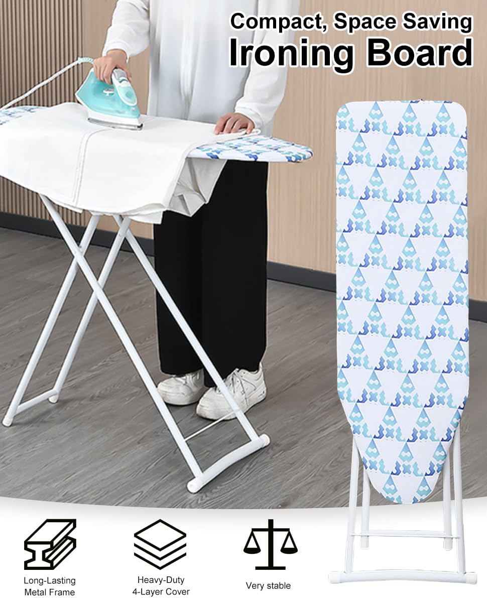 Ironing Board with Cover & Pad, Compact Iron Board with Silicon Iron Mat, Heat Resistant Cover, 4 Height Adjustable, Foldable lroning Board Wall Mount Hanger, 12x42 Blue