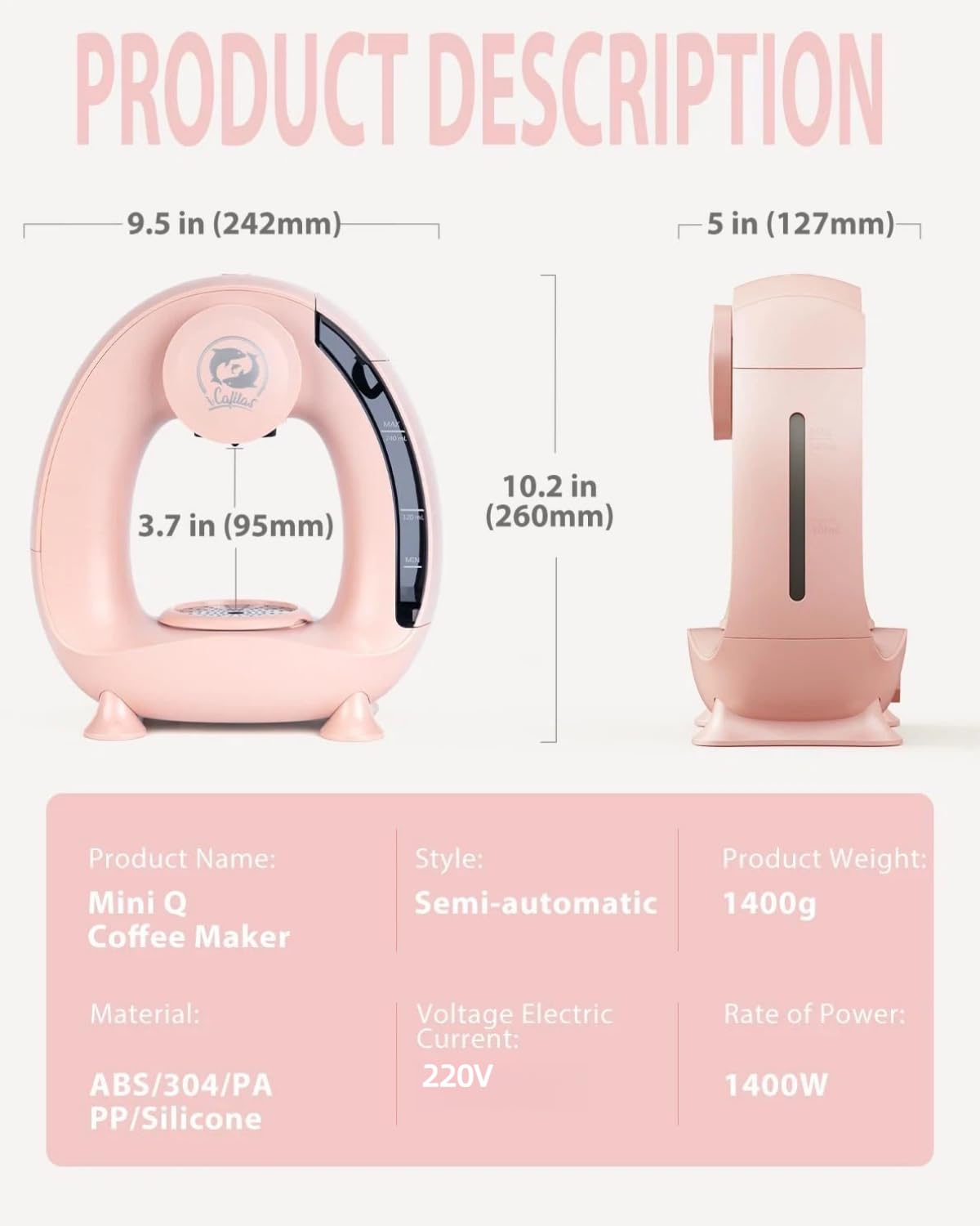 i Cafilas Coffee Maker per caffè macinato, Mini Q Americano 2-in-1 Coffee Brewer,mini One Cup Coffee Brewer/Tea Maker con filtro per caffè, Coffee Maker elettrico Mi ni, 120-240 ml, Rosa