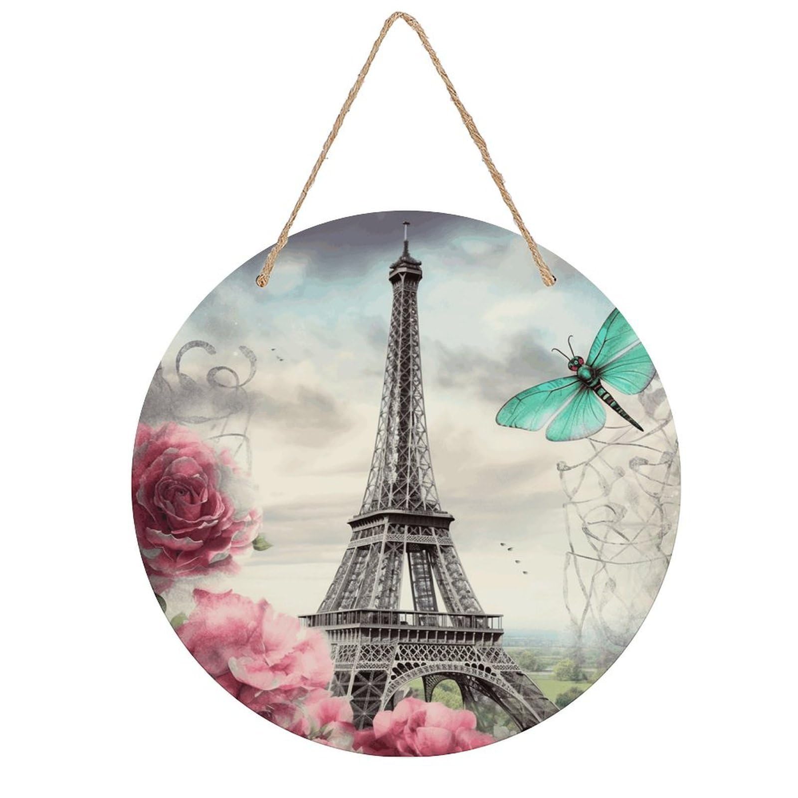 Dragonfly French Tower Round Wooden Ornaments Unique Wood Decorative Paintings for Christmas Retro-Style Wooden Door Hanger for Crafts Home Holiday Decor Bar 7.87 Inch