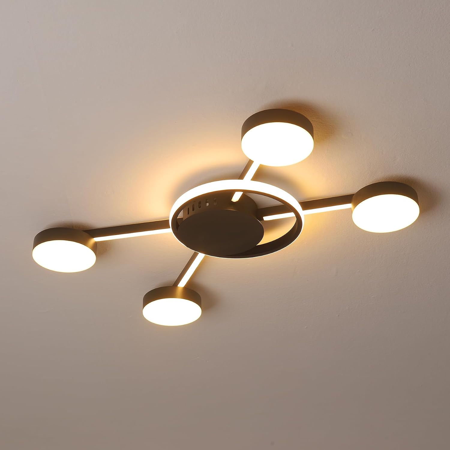 Black/Chrome Ring Designs Aluminum LED Ceiling Light,Dimmable Flush Mount Chandelier Ceiling Light Fixture with Remote for Living Room Dining Room Bedroom Kitchen (Black- RSFH020Black-5T)