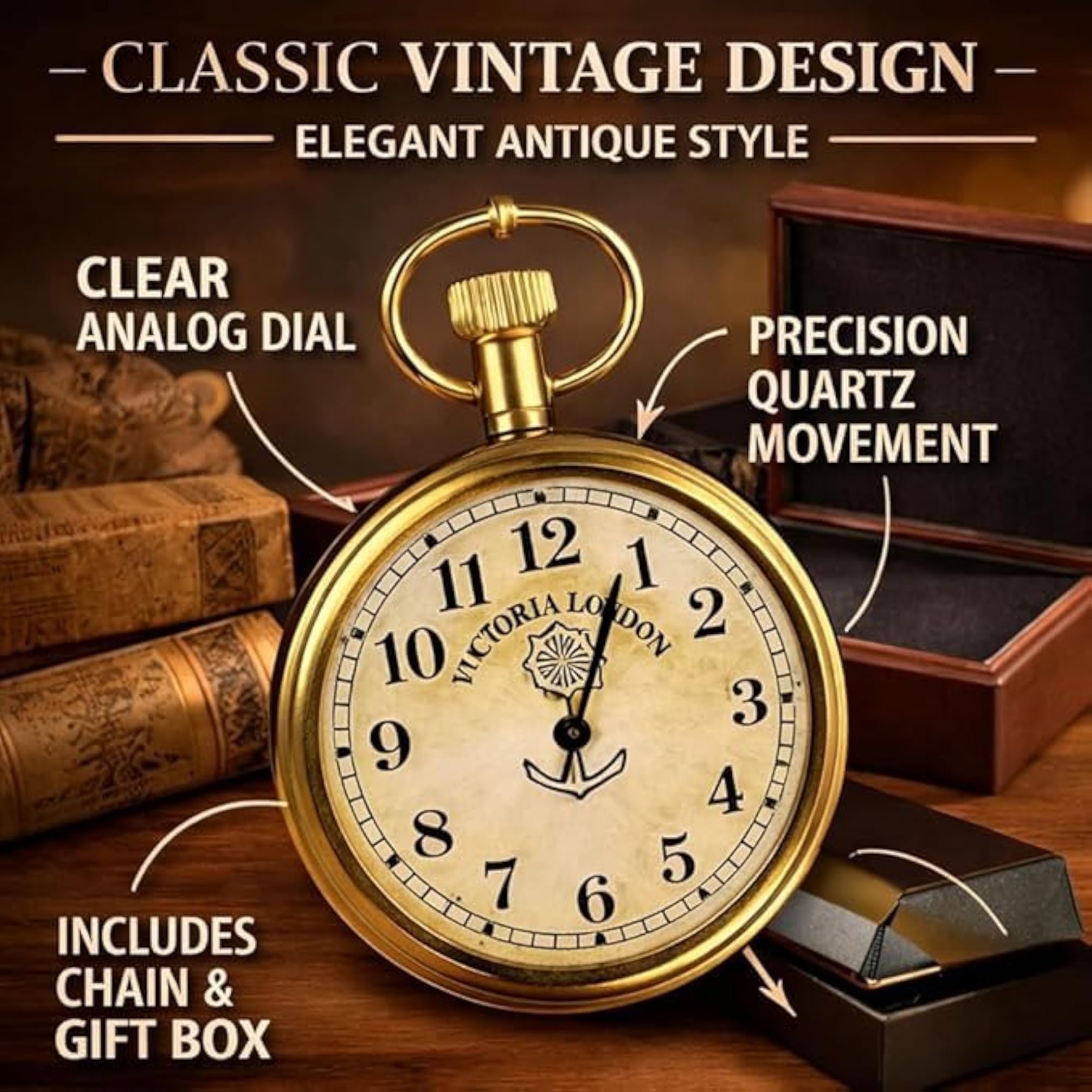 Vintage Pocket Watch with Chain, Classic Gold Design