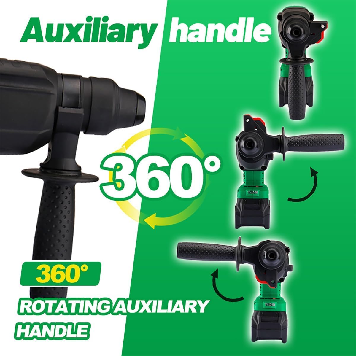 Heavy Duty Rotary Hammer Drill, Brushless Hammer Kit, with 3Pcs Drill Bits and 2Pcs Chisel, LED Light, 360° Auxiliary Handle, 3 Function, for Concrete, Masonry, Brick, Steel, Wood