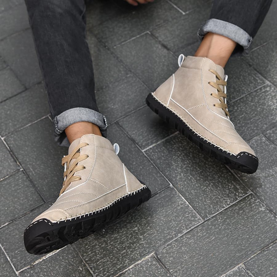 Image of Men's Casual Leather Handmade High Boots Fashion Lace-Up Non-Slip Sneakers Outdoor Comfort Retro Walking Driving Ankle Chukka Bootie