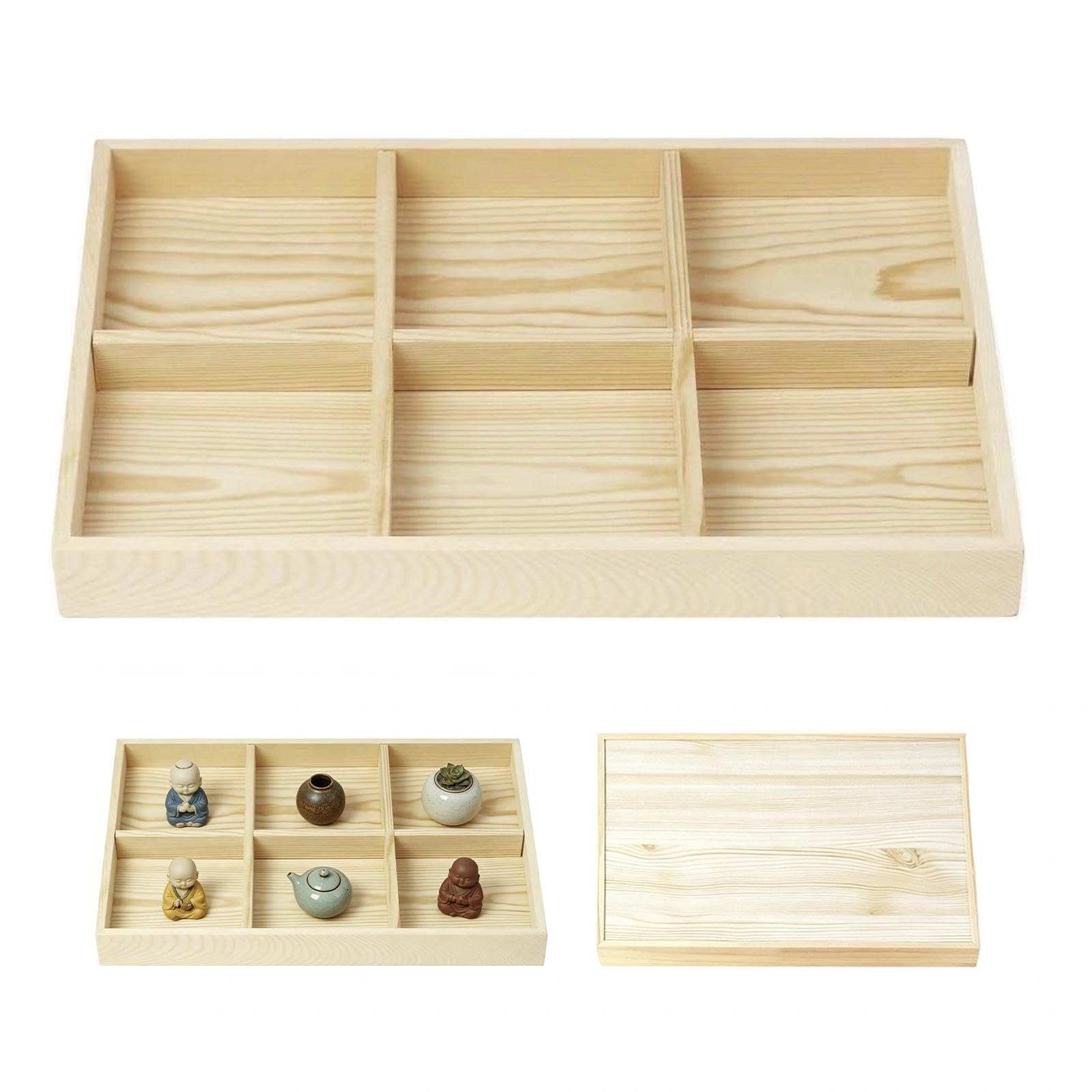 Wooden Storage Box with Compartments, Divided Display Tray, Multi Grid Wood Organiser Box for Jewellery Keepsakes Collectibles Underwear and Small Knick Knacks, Home Storage and Organisation (6 GR)