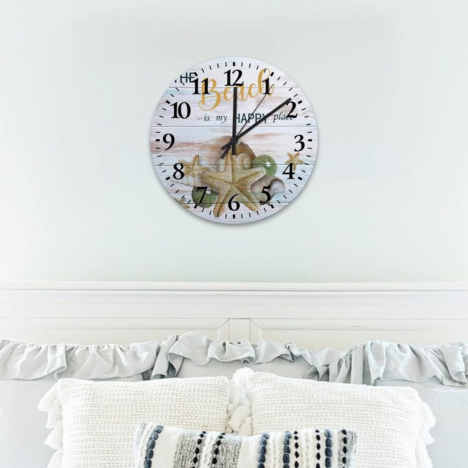 Clock Wood The Beach is My Happy Place Starfish Wooden Board Backdrop Wooden Decorative Silent & Non-Ticking Arabic Numbers Rustic Coastal Art Round Clock 12 Inch