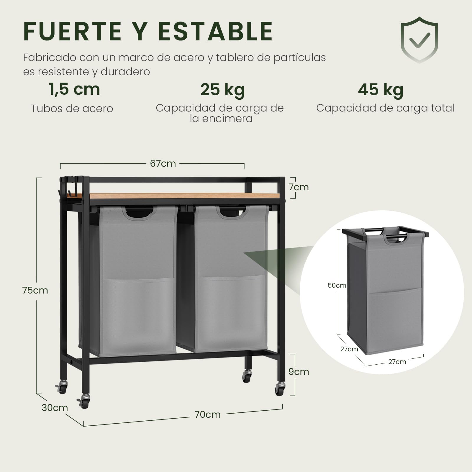 EUGAD Cesto Ropa Sucia, 2 Bolsas Colada de 40 L, Cesta Ropa Extraíble, Mueble Ropa Sucia para Baño y Lavandería, Tela Oxford, Marco Metálico, 70x30x71 cm