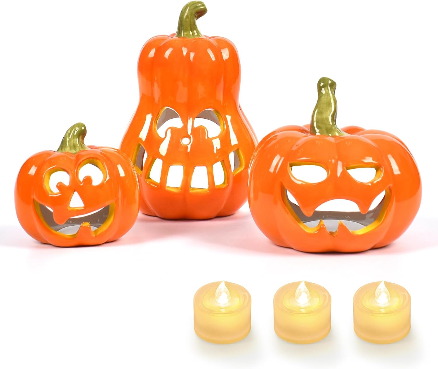 Sunlit Ceramic Pumpkin with 3 Tea Lights, Jack O Lantern Candle Holder Set of 3, Tabletop Indoor Halloween Decorations for Holiday Party Home, Pearl Finish