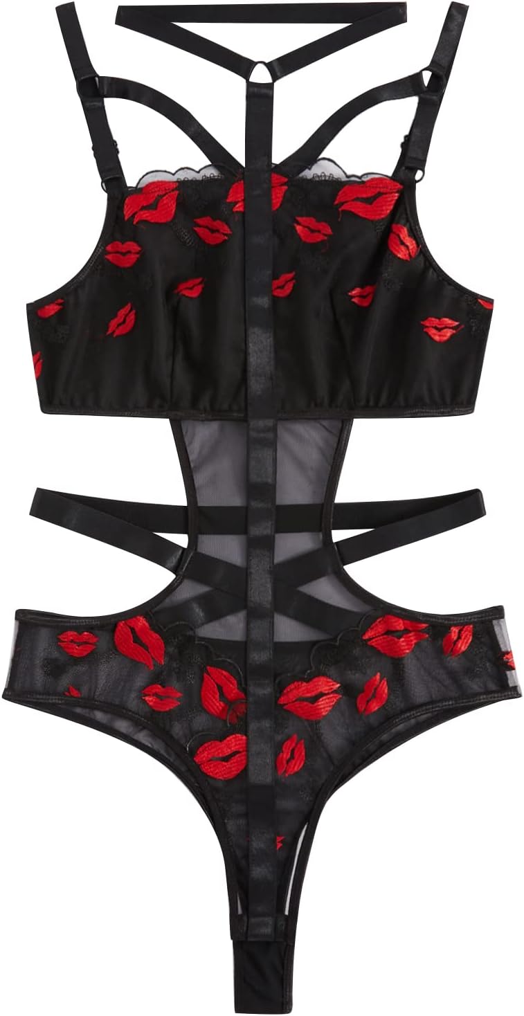 WDIRARA Women's Mesh Criss Cross Straps Choker Teddy Lingerie Bodysuit