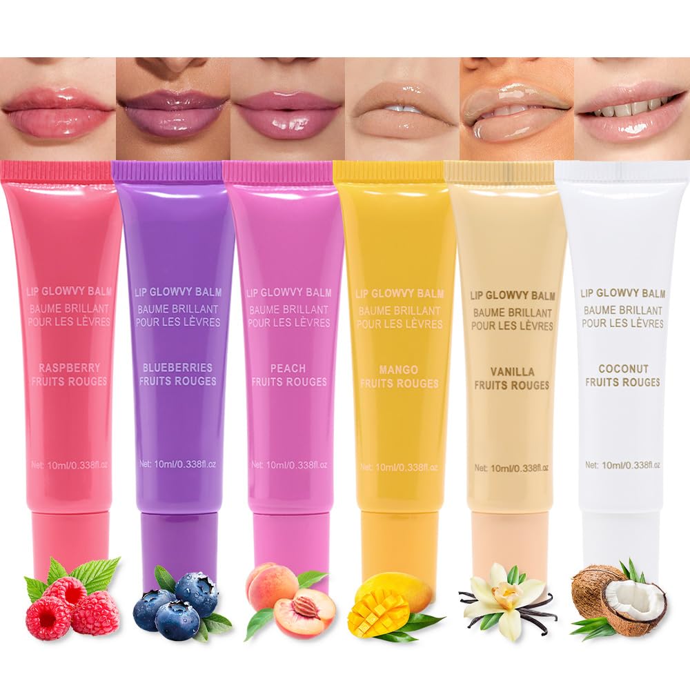 6Pcs Hydrating Lip Gloss Balm Set Pack, Hyaluronic Acid Nourishing Natural Tint Balm Gloss for Lip Care, Long-Lasting Moiturizing, Coconut Raspberry Blueberry Peach Mango Vanilla, Travel Pack 0.34 Fl Oz × 6Pcs 6 Count (Pack of 1)