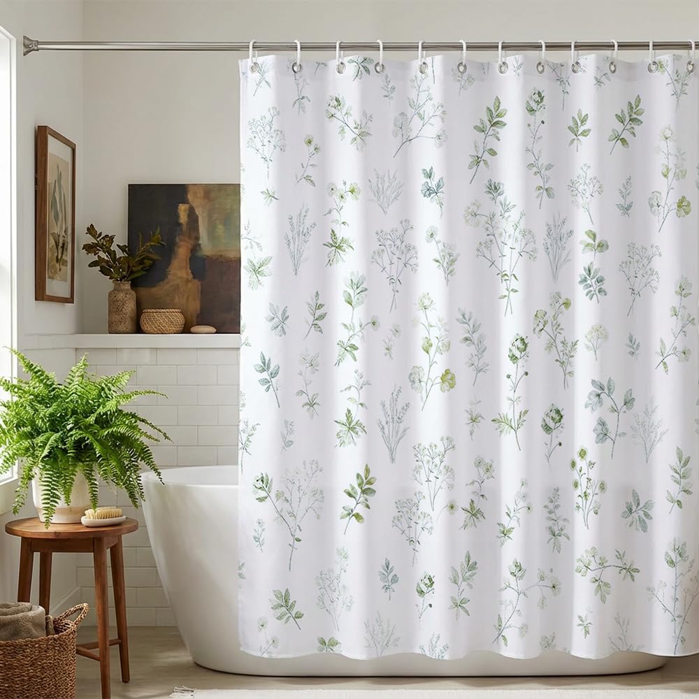 BATHPROVE Minimalist Botanical Shower Curtain, 72x72 Inch White and Green Delicate Wildflower Fabric, Elegant Farmhouse Bathroom Decor