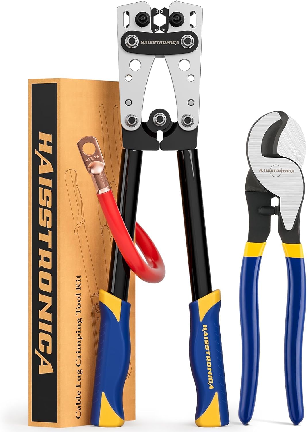 Heavy Duty Battery Cable Crimping Tool Kit-Ratchet Hex Extended Handle Crimper for 8,6,4,2,1,1/0 AWG Copper Lugs with Cable Cutter