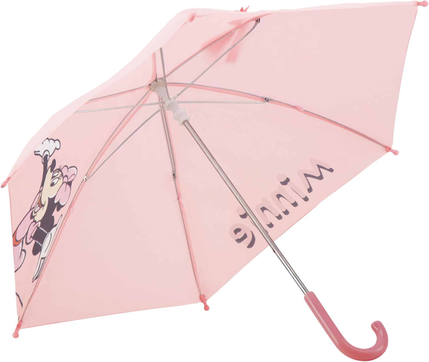 Disney Minnie Mouse Children's Rain Umbrella with Bow Tie Wrap, Manual Folding, Windproof, Lightweight, and Packable for Travel, 26.5 Inch Arc, Pink