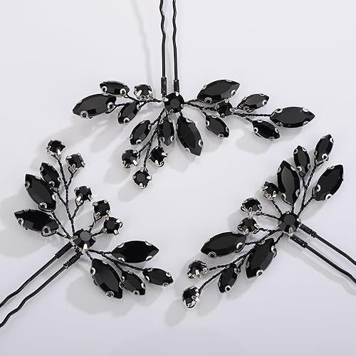 Miniatura 2 de Teyglen Juego de 3 horquillas para el cabello con diamantes de imitación negros, piezas de cristal hechas a mano y accesorios para novias, mujeres y