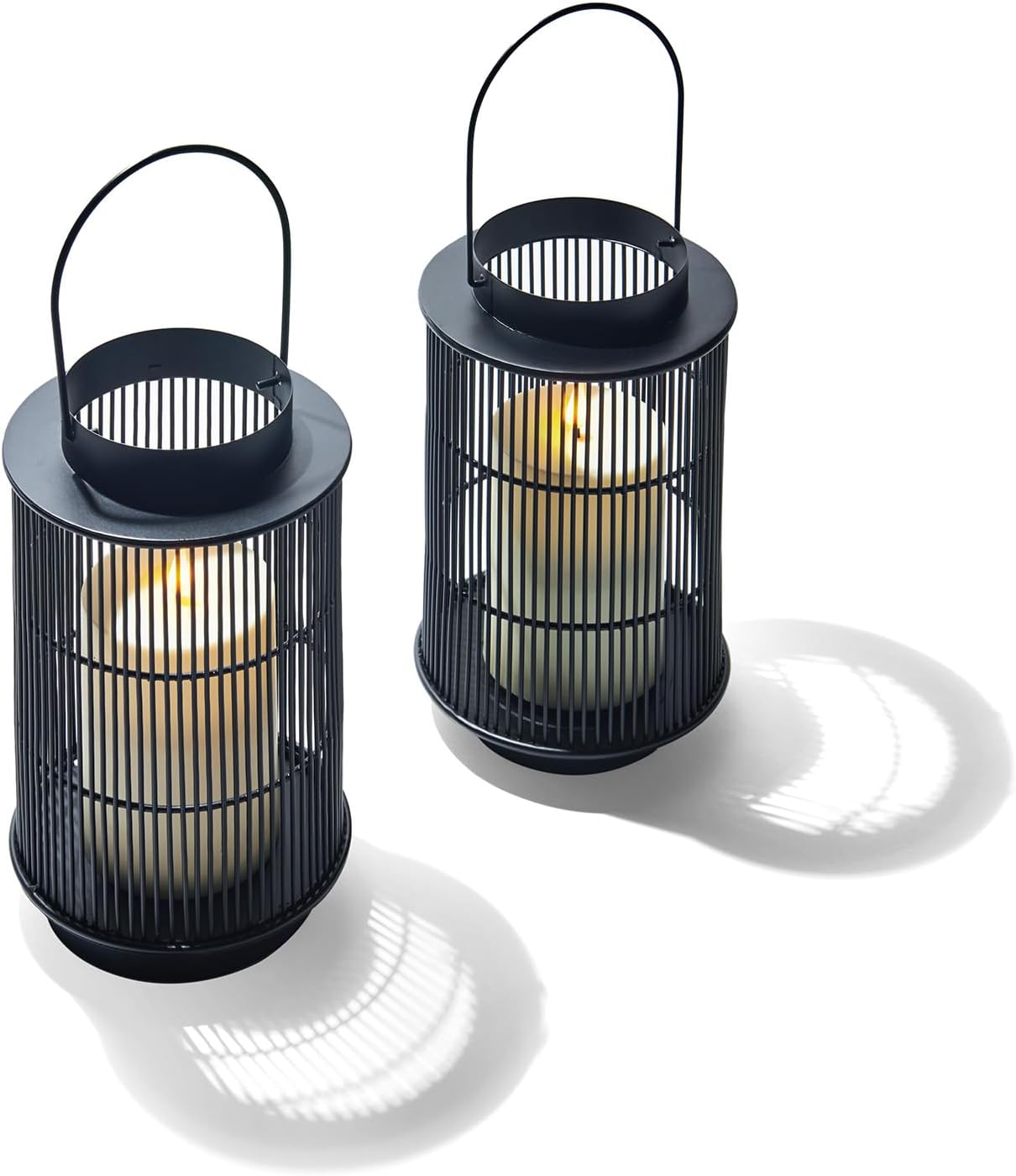 LampLust Outdoor Lanterns Decorative Spring Patio Decor, Set of 2, 8 Inch Black Metal Candle Lanterns, Battery Operated LED with Timer, Front Porch, Spring Outdoor Decorations, Modern Farmhouse Decor