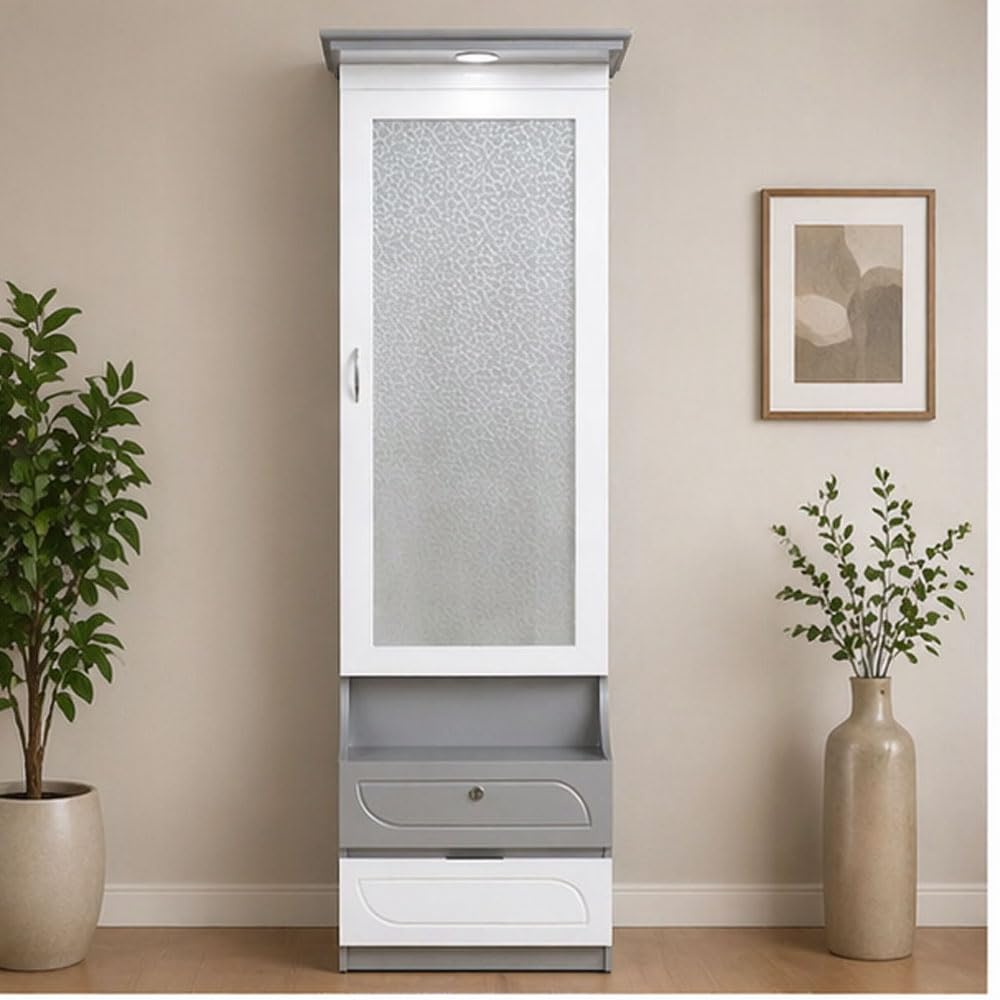 Samara Dressing Table 13 | Frosted Glass Door, Built-in LED Light, Wooden Vanity Unit, Open Shelf Storage, White & Grey Finish-picture-17