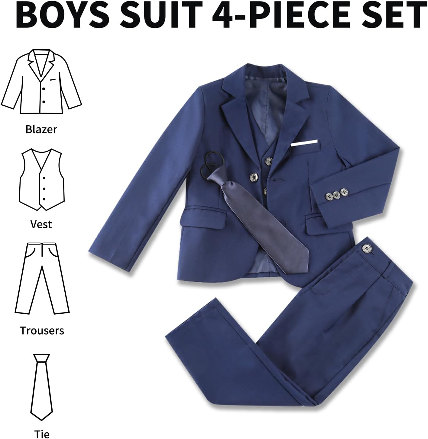 Boy Suits 4 Piece Formal Slim Fit Suit Set with Blazer Vest Pants Tie Kid Tuxedo for Wedding Birthday Prom Ring Bearer - Image 2