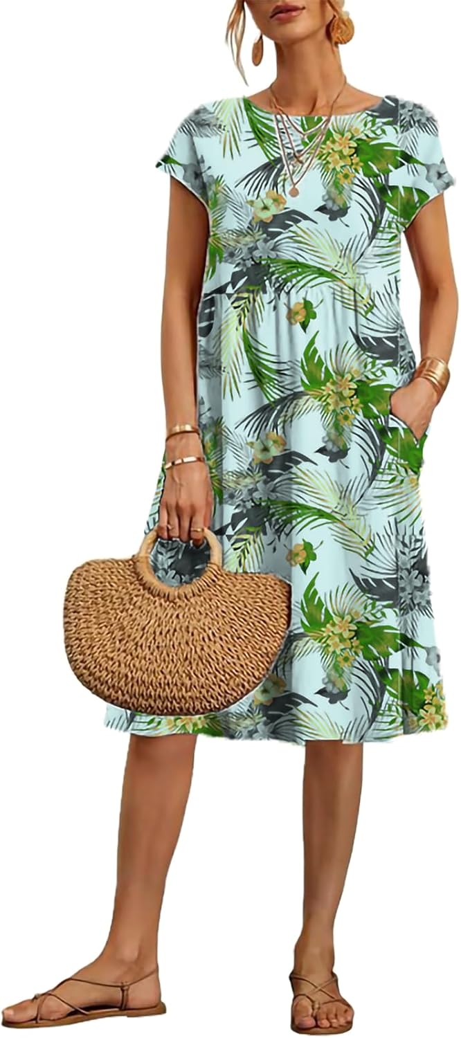 domirica Cottagecore Boho Summer Dresses Comfy Floral Graphic Knee Length High Rise Cap Sleeve Beach Clothing with Pockets