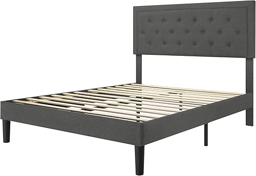 Miniatura 46 de Allewie - Base de cama copetuda, tamaño Matrimonial, con plataforma, tapizado de tela, con botones y cabecera ajustable, soporte con rejilla de Gris