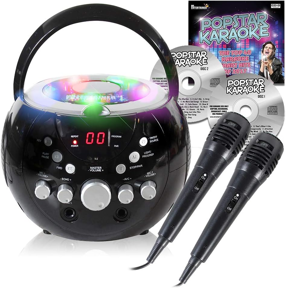 Boombox Karaoke Machine with built in light & bluetooth includes Big Hits of kids party & 2017 CDG Hits pack