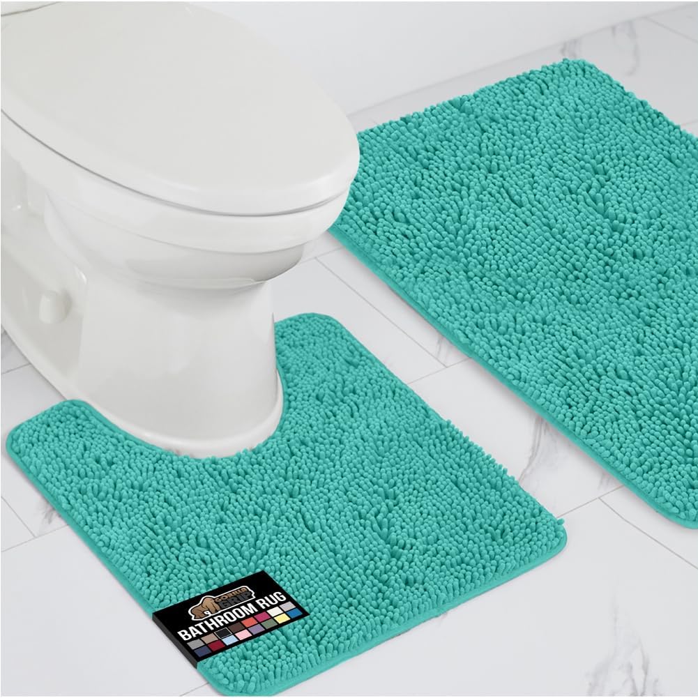 GORILLA GRIP Bathroom Rug Sets, Soft Chenille 2 Piece Area Rugs Set, Toilet Base Mat and 30x20 Carpet, Absorbent Microfiber Washable Mats Dry Quickly, Home Décor and Bath Room Accessories, Turquoise