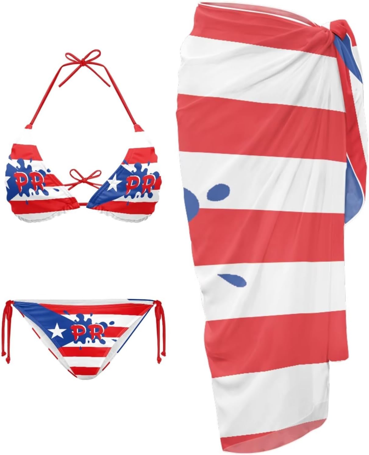 Xpyiqun 3 Piece Swimsuits for Women Flag Bikini Sets Halter Triangle Bathing Suit with Cover Up Skirt Tropical Swim Suits