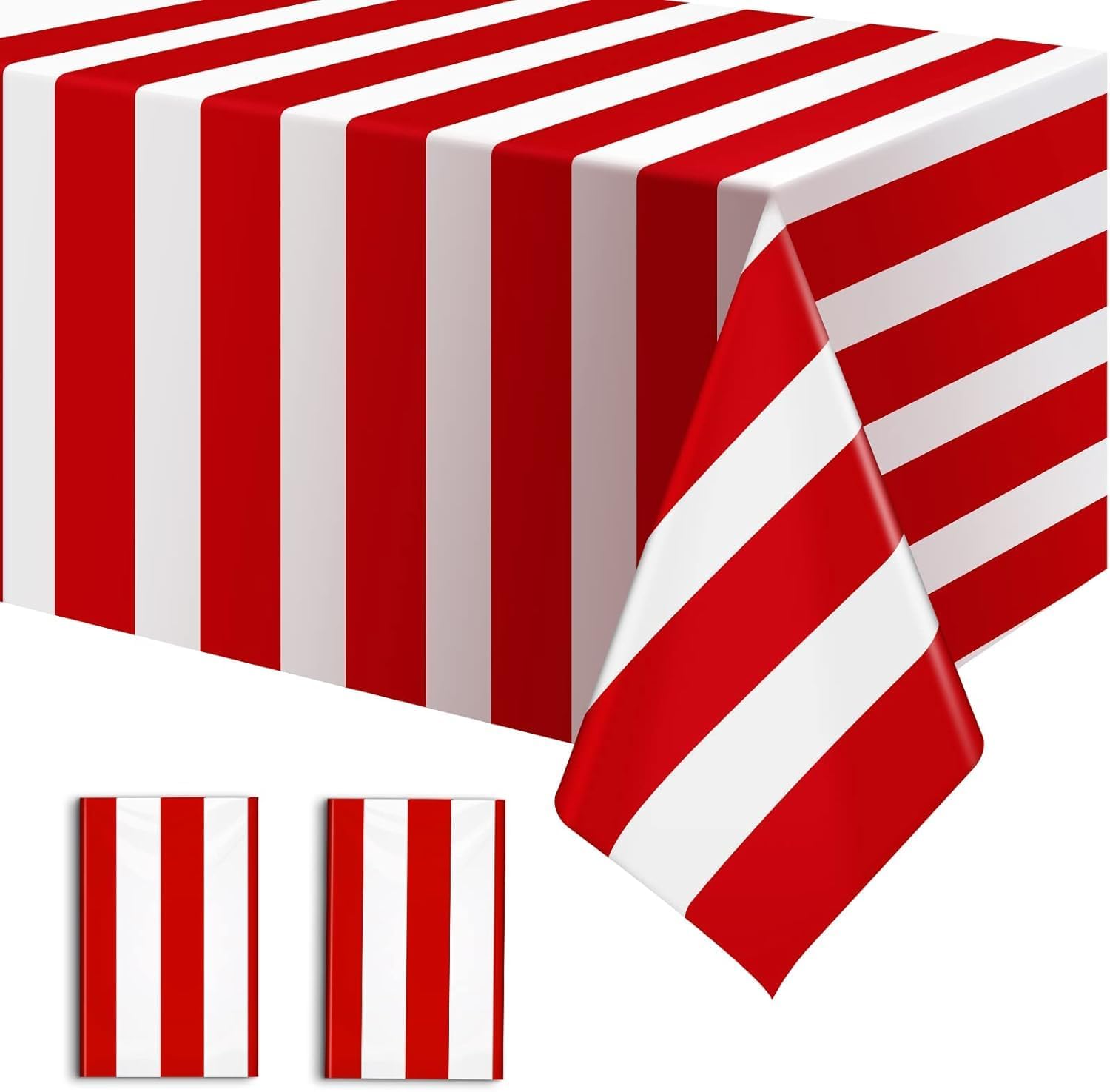 VorPrillynt Red and White Stripe Tablecloths, 2 Pcs Stripe Tablecloth, 137 x 274cm Red Table Cloth, in Plastic, Circus Theme Party Decorations for Carnival, Movie Night, Kid's Birthday, Picnic