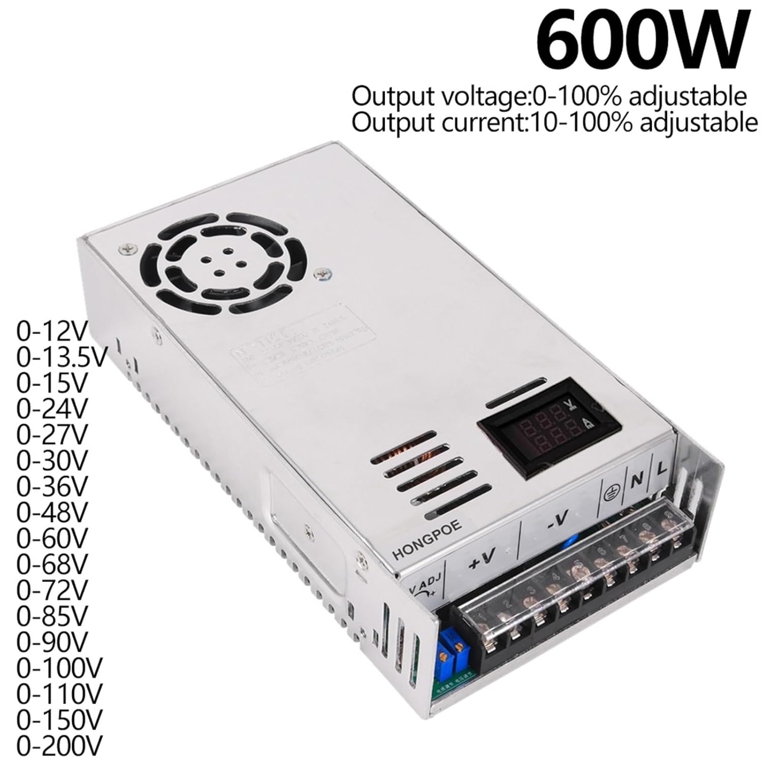 Digital Display Adjustable 600W Power Supply 0-12V 15V 24V 27V 30V 36V 48V 60V 68V 72V 85V 90V 100V 110V 150V 200V Ac to Dc(0-27)