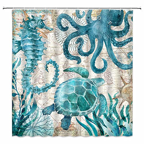 Nautical Animal Beach Shower Curtain Retro Teal Sea Turtle Octopus Seahorse Tropical Underwater Marine Life Seaweed Seashell Coral Reef Vintage Map Blue Ocean Bathroom Curtain With Hooks 70 X 70 Inch #TOP2