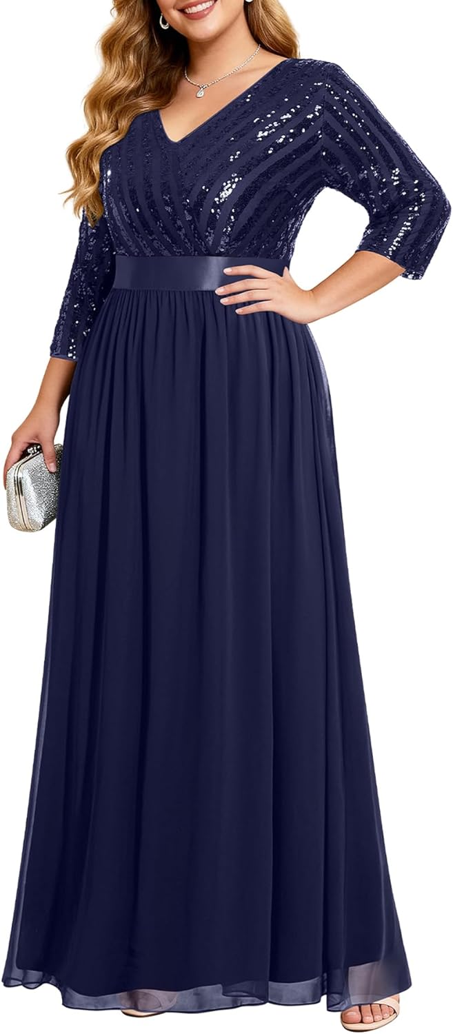 Talisea Womens Plus Size Formal Dresses - V Neck 3/4 Sleeve Sequin Prom Evening Gowns Long Maxi Dress
